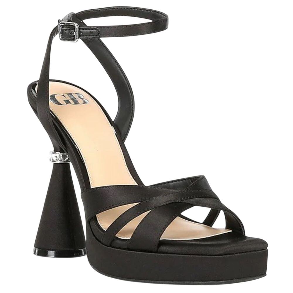 GB Dream-Land Rhinestone Heel Charm Dress Satin Black Sandals Size 8.5
